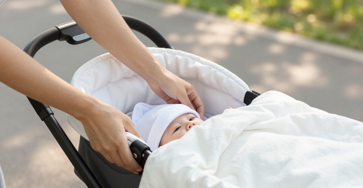Parent preparing stroller bassinet with blanket for newborn in a sunny park