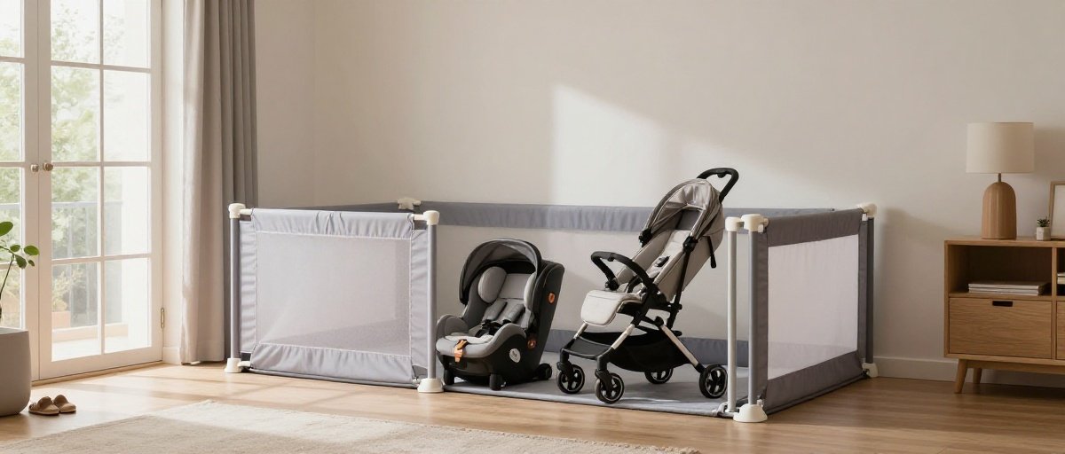 Living room corner with child safety products including a car seat, stroller, and baby carrier, set near a safety gate under warm natural light