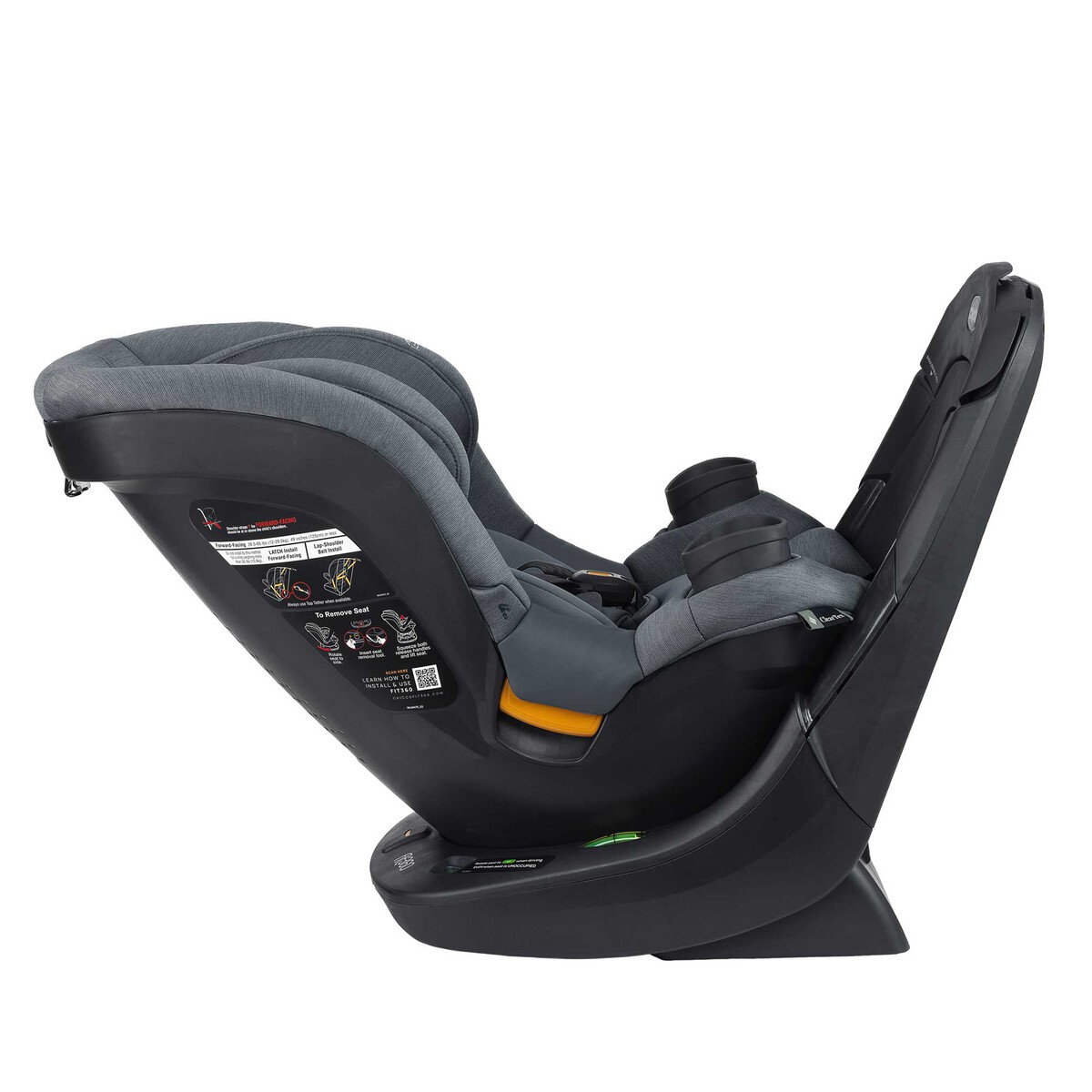 Chicco Fit360 ClearTex reclined, with the side label showing installation weight limits