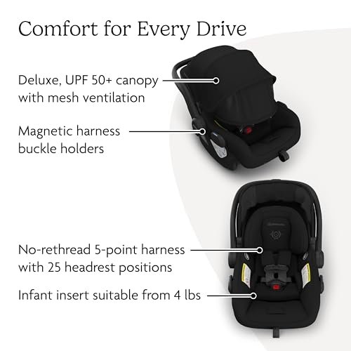 UPPAbaby Mesa V3 infant car seat with 25-position headrest and magnetic buckle holders