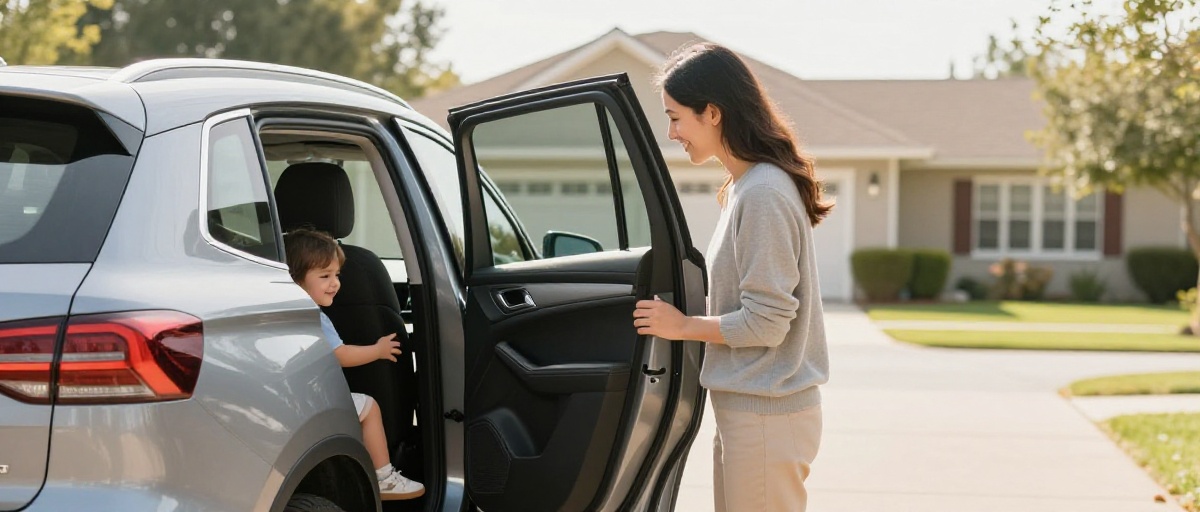 Smiling parent holding car door open as toddler climbs into SUV back seat in sunny suburban driveway